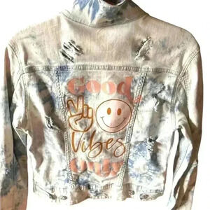 Lularoe XS tie dye denim jacket “ good vibes only”peace sign & smiley face. NWOT